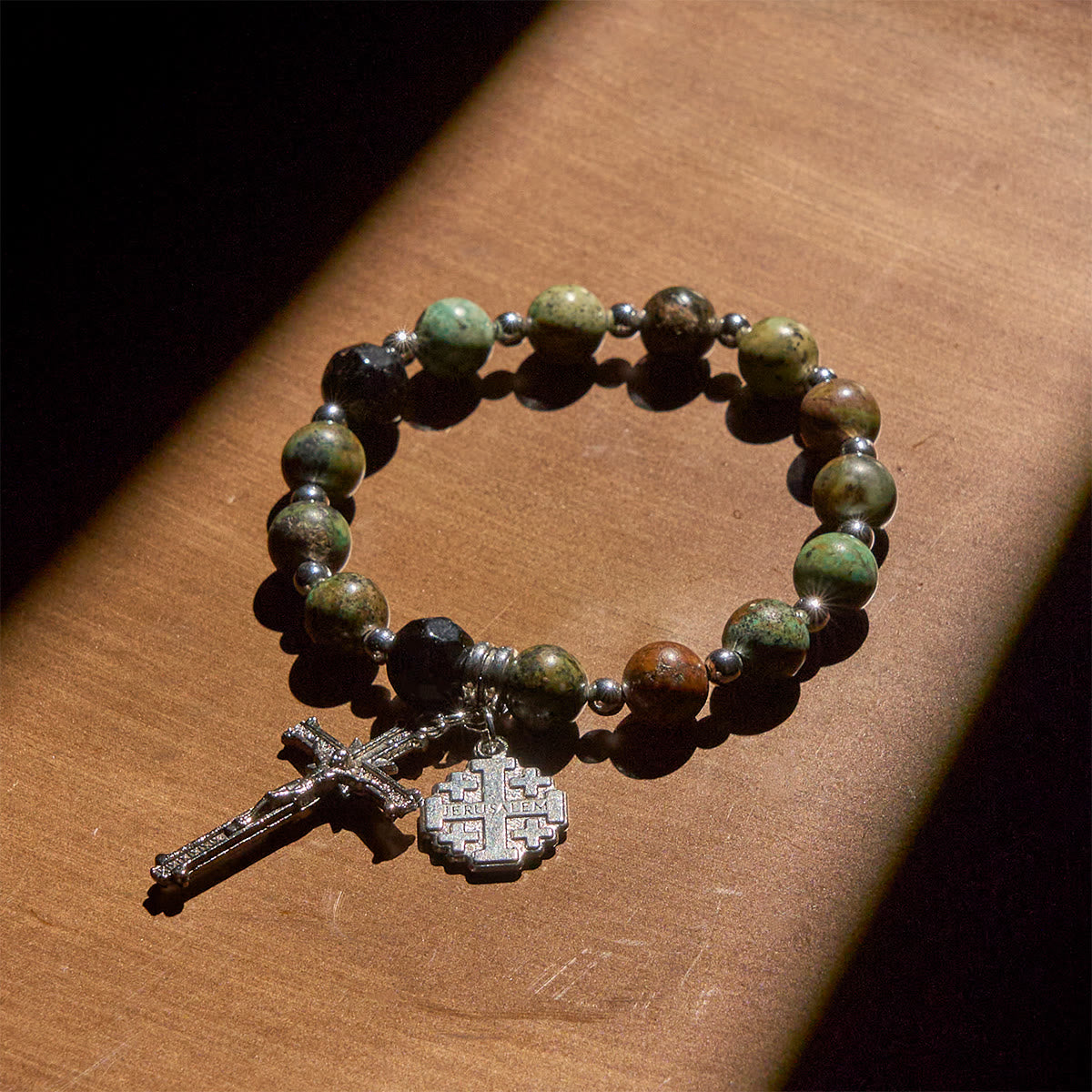 Earthy Spiritual Rosary-Inspired Bracelets with Crucifix and Jerusalem