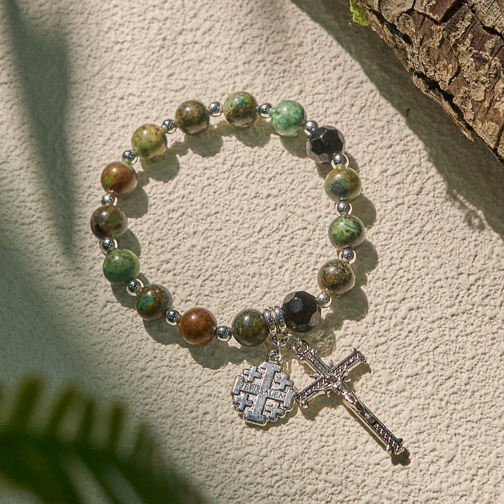 Earthy Spiritual Rosary-Inspired Bracelets with Crucifix and Jerusalem