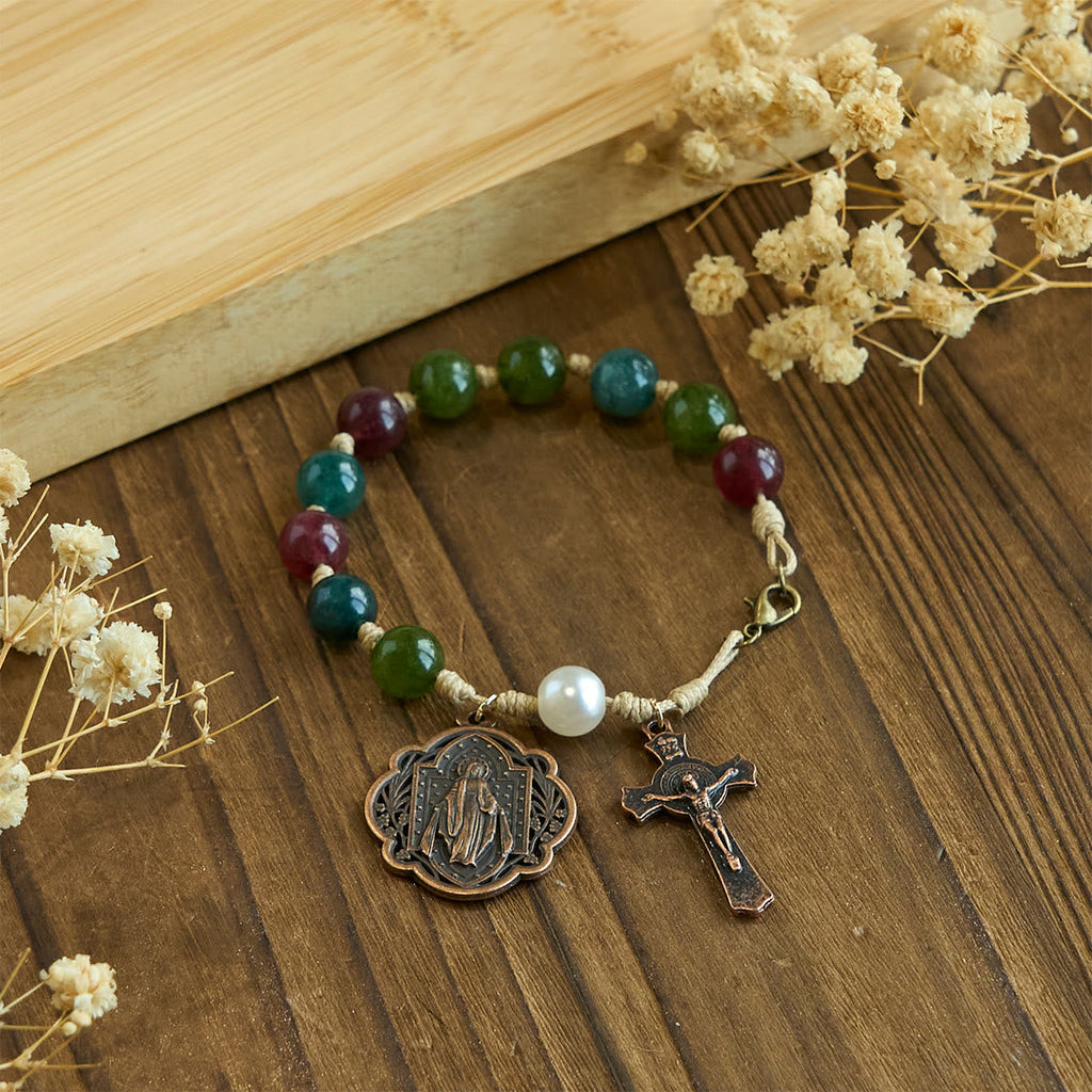 10mm Natural Tourmaline Agate Bracelets with Miraculous Medal