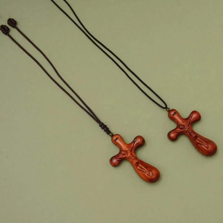 Vintage Sandalwood INRI Crucifix Car Pendant & Necklace