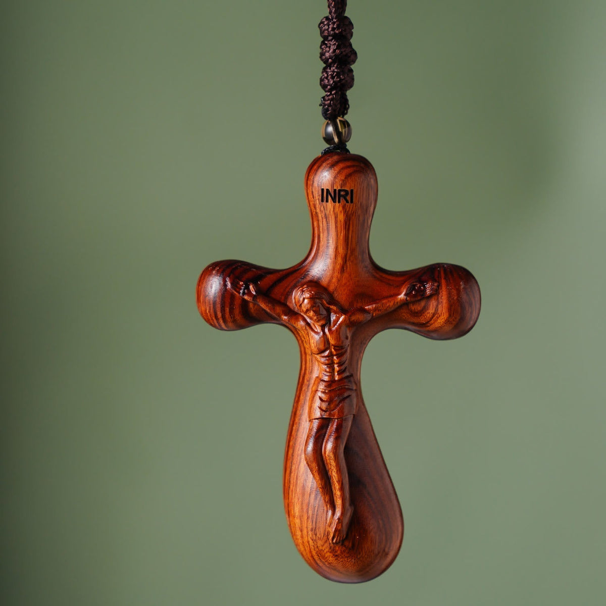 Vintage Sandalwood INRI Crucifix Car Pendant & Necklace