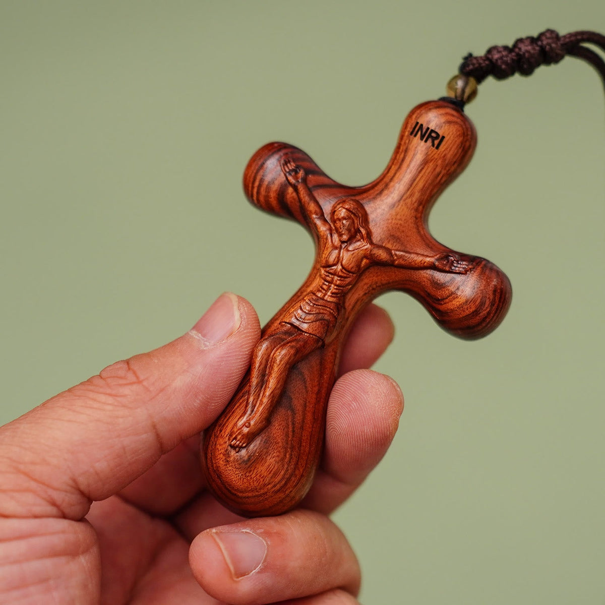 Vintage Sandalwood INRI Crucifix Car Pendant & Necklace
