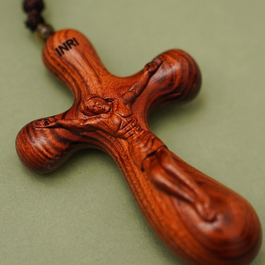 Vintage Sandalwood INRI Crucifix Car Pendant & Necklace