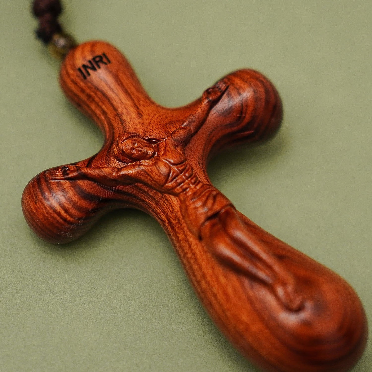 Vintage Sandalwood INRI Crucifix Car Pendant & Necklace