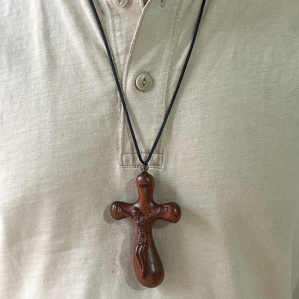 Vintage Sandalwood INRI Crucifix Car Pendant & Necklace