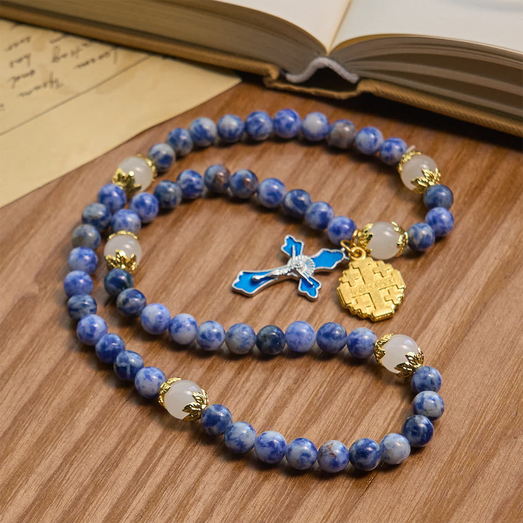 Artisanal Elastic 4mm Blue Stone Rosary Bracelet with Crucifix
