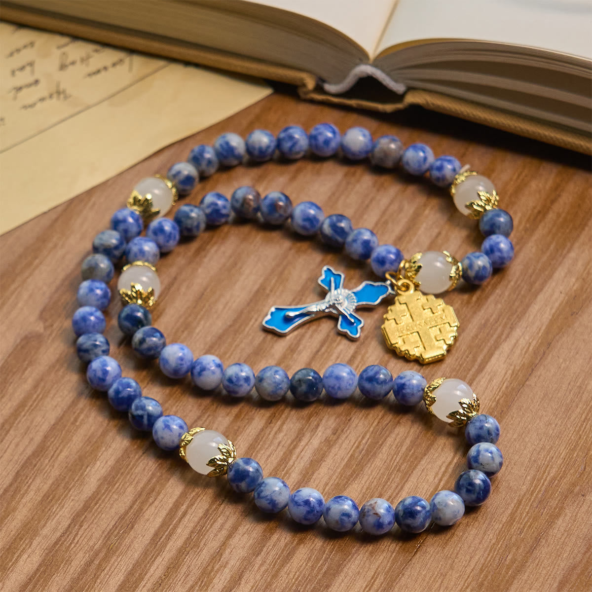 Artisanal Elastic 4mm Blue Stone Rosary Bracelet with Crucifix