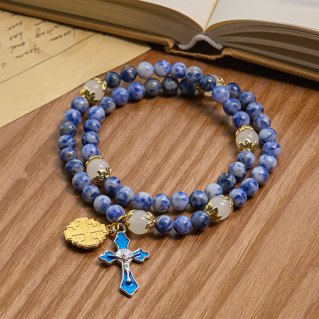 Artisanal Elastic 4mm Blue Stone Rosary Bracelet with Crucifix