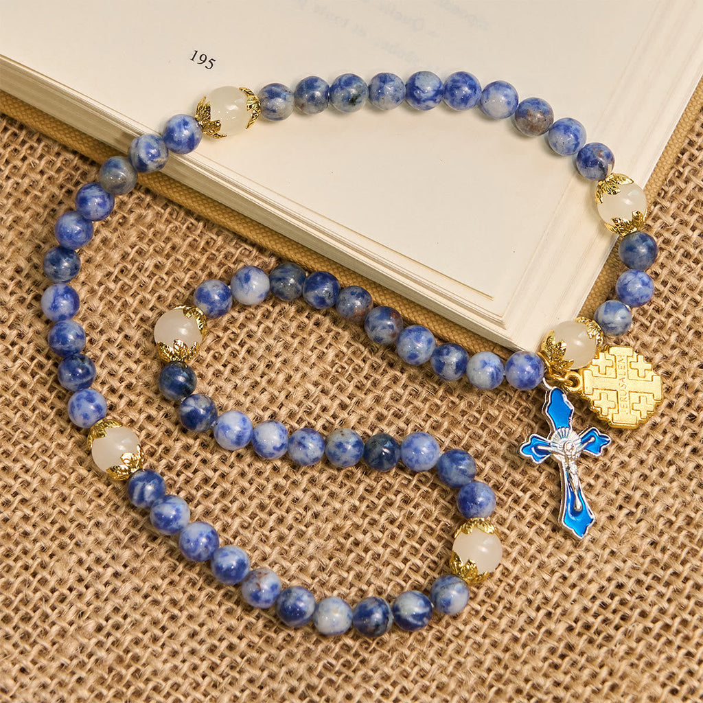 Artisanal Elastic 4mm Blue Stone Rosary Bracelet with Crucifix