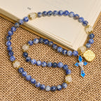 Artisanal Elastic 4mm Blue Stone Rosary Bracelet with Crucifix