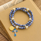 Artisanal Elastic 4mm Blue Stone Rosary Bracelet with Crucifix