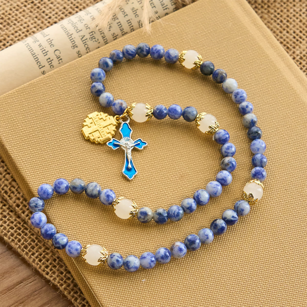 Artisanal Elastic 4mm Blue Stone Rosary Bracelet with Crucifix