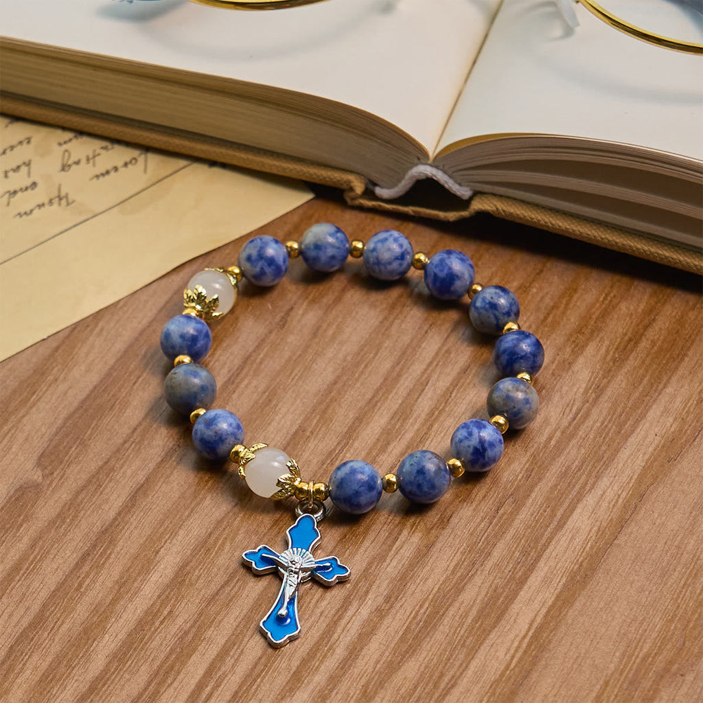 Serene Textured Blue Stone Bracelet with Blue Enamel Crucifix