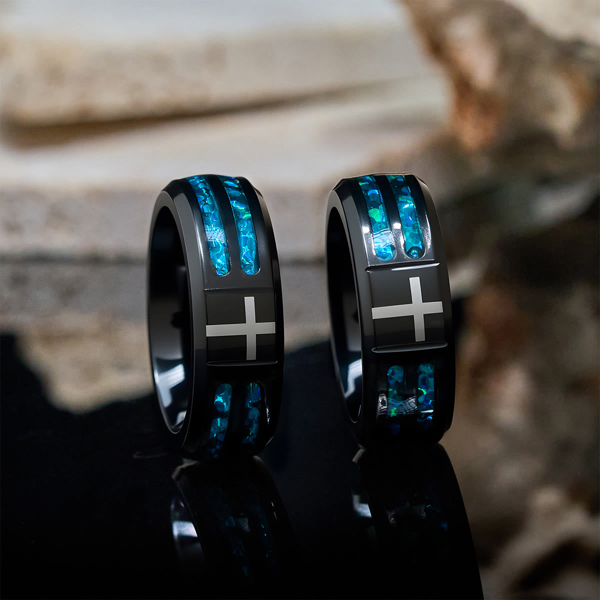 Modern Titanium Steel Cross Ring with Laser Blue Inlay