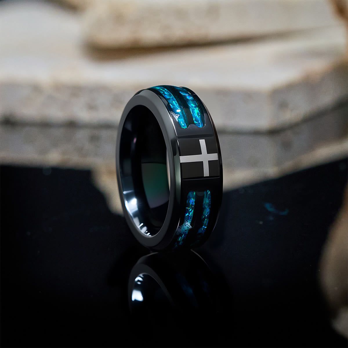 Modern Titanium Steel Cross Ring with Laser Blue Inlay