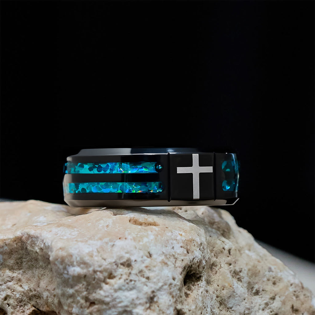 Modern Titanium Steel Cross Ring with Laser Blue Inlay