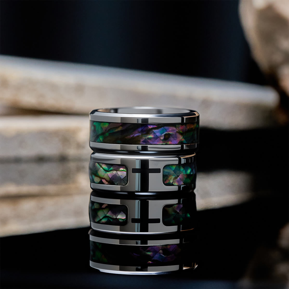 Minimalist Titanium Faith Cross Ring with Shimmering Stained Glass
