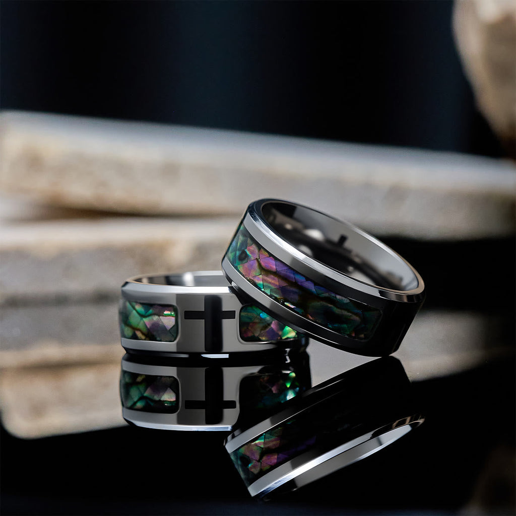 Minimalist Titanium Faith Cross Ring with Shimmering Stained Glass
