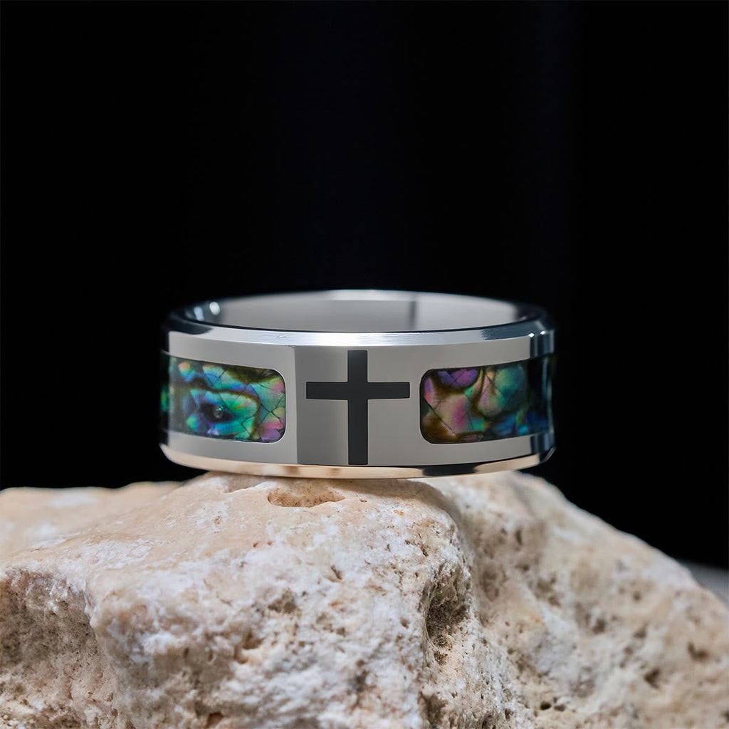 Minimalist Titanium Faith Cross Ring with Shimmering Stained Glass