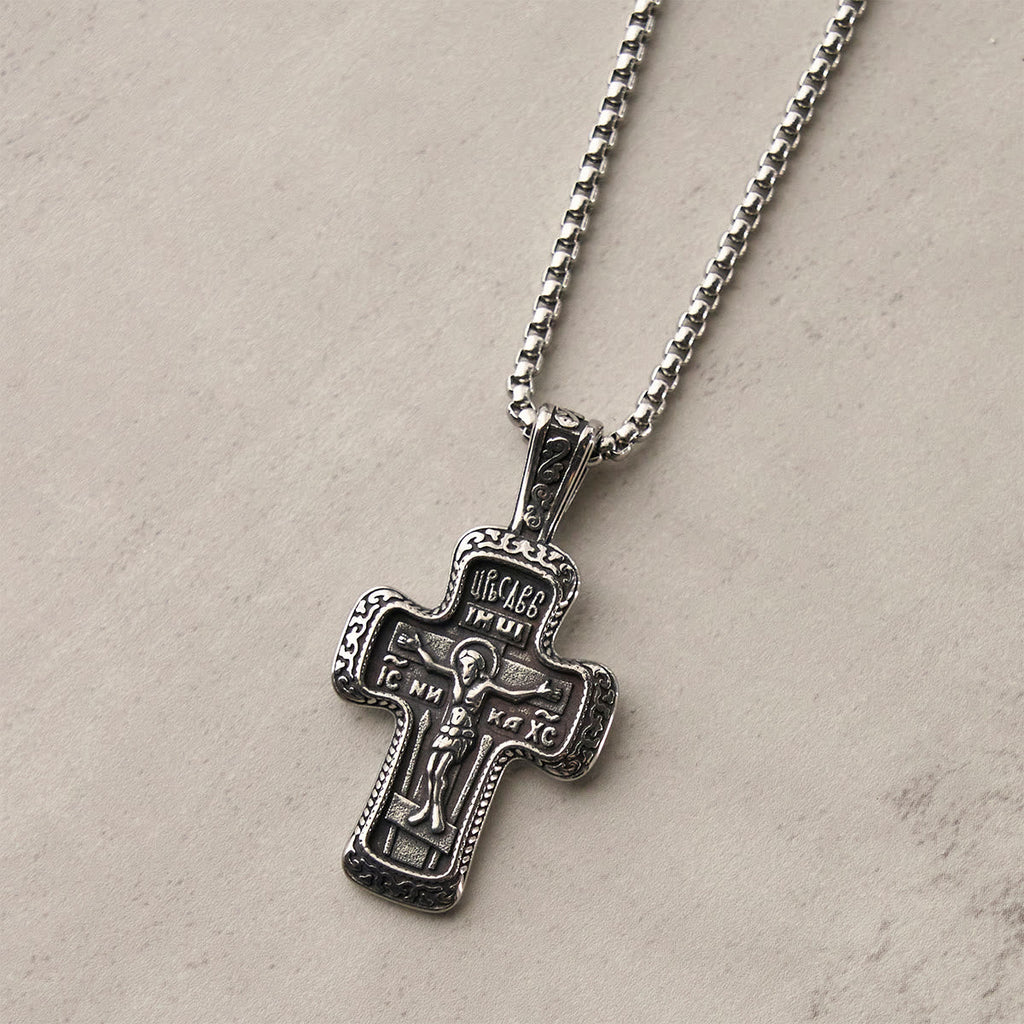 Antique-Style Orthodox Cross Pendant Necklace with Double-Sided