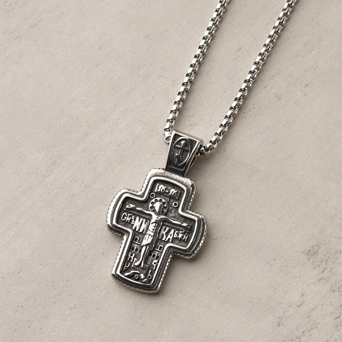 Antique-Style Orthodox Cross Pendant Necklace with Double-Sided