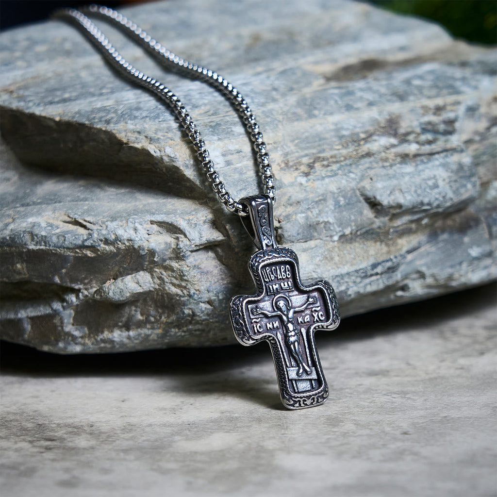 Antique-Style Orthodox Cross Pendant Necklace with Double-Sided