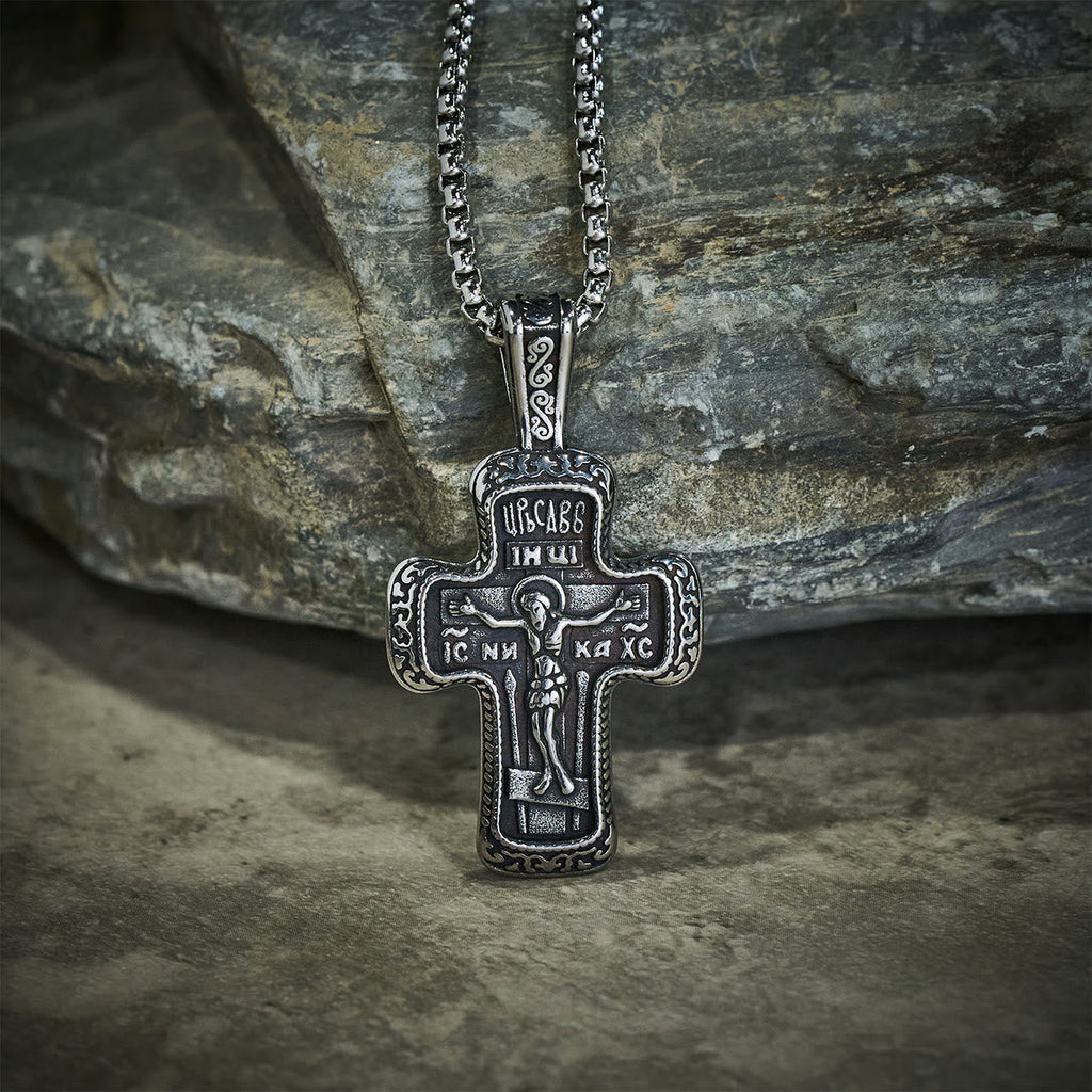 Antique-Style Orthodox Cross Pendant Necklace with Double-Sided