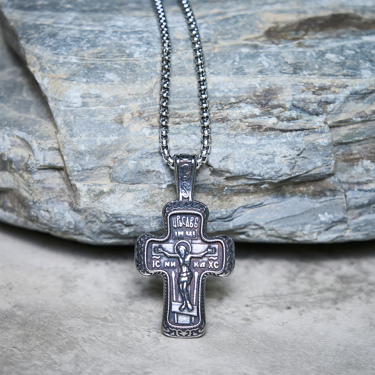Antique-Style Orthodox Cross Pendant Necklace with Double-Sided