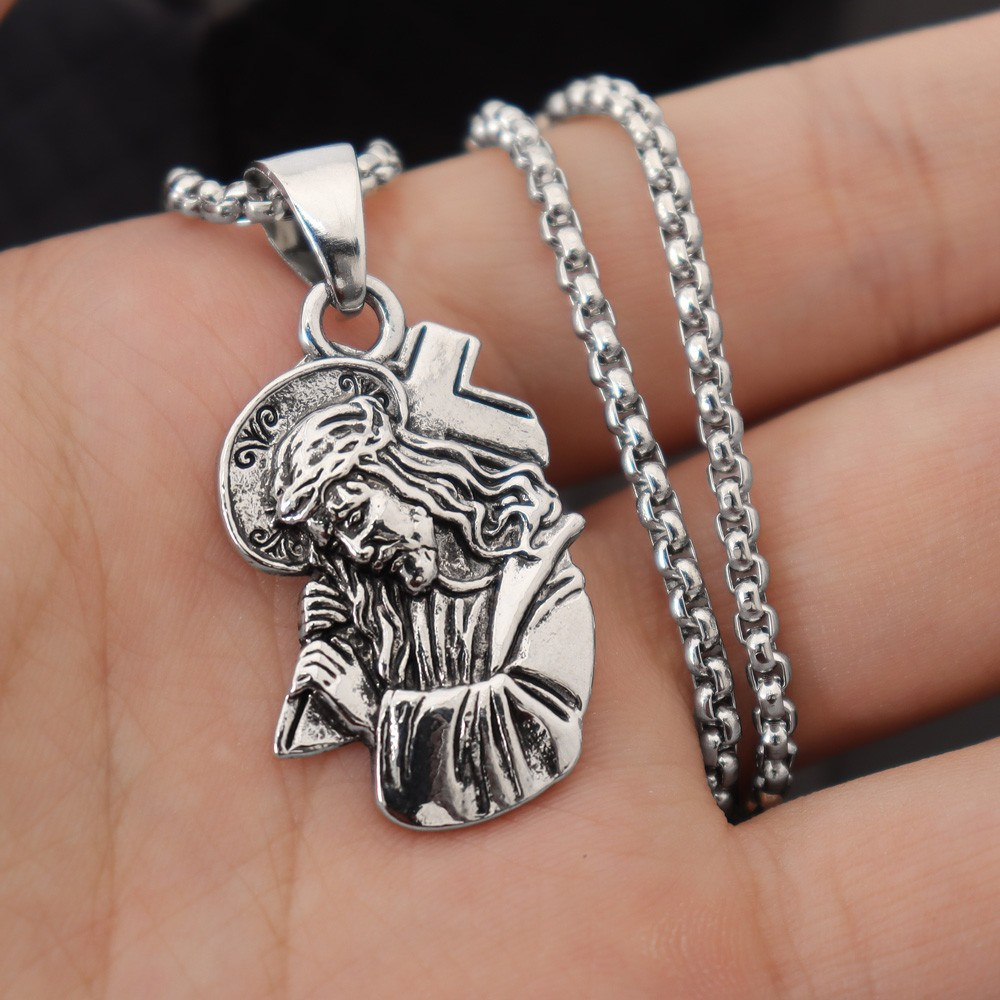 Classic Jesus with Crown of Thorns Cross Pendant Necklace