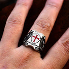 Medieval Style Red Cross Shield Ring with Knightly Design and Engraved