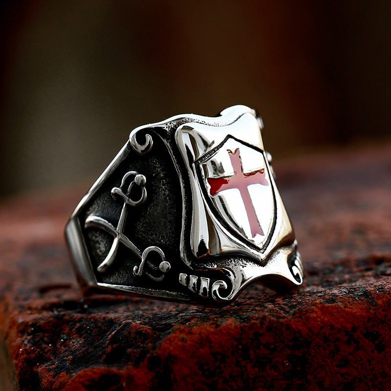 Medieval Style Red Cross Shield Ring with Knightly Design and Engraved