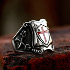Medieval Style Red Cross Shield Ring with Knightly Design and Engraved