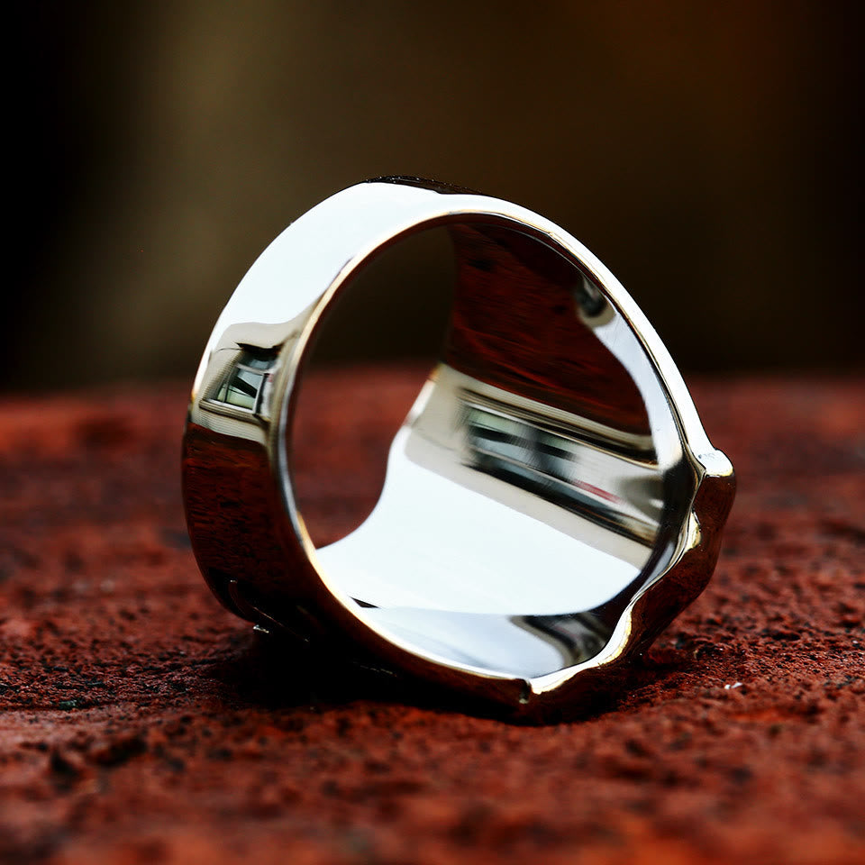 Medieval Style Red Cross Shield Ring with Knightly Design and Engraved