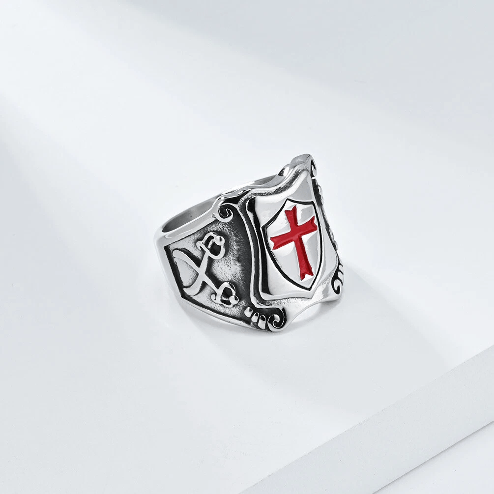 Medieval Style Red Cross Shield Ring with Knightly Design and Engraved