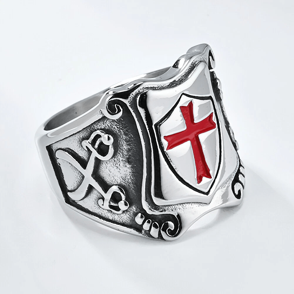 Medieval Style Red Cross Shield Ring with Knightly Design and Engraved