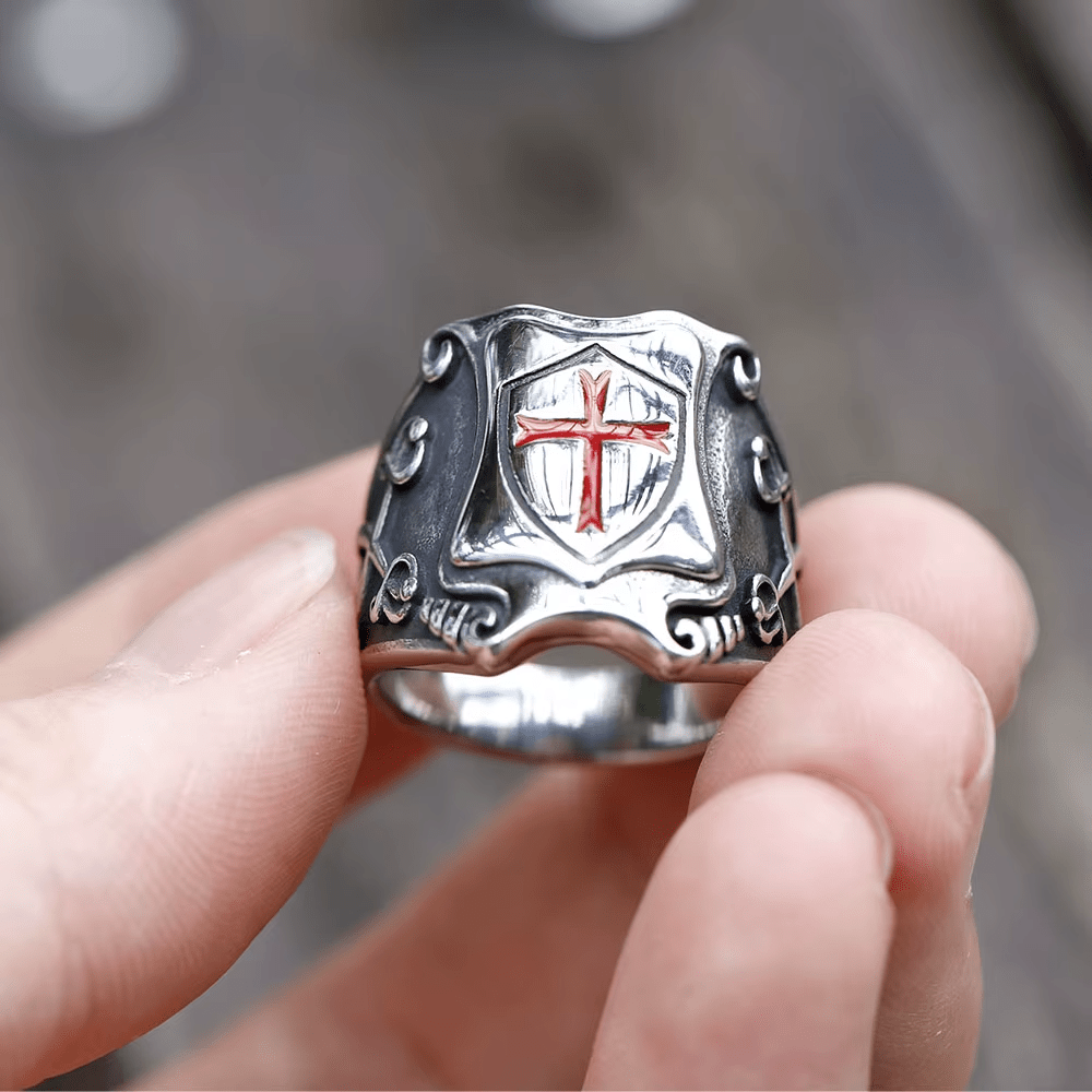 Medieval Style Red Cross Shield Ring with Knightly Design and Engraved