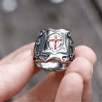 Medieval Style Red Cross Shield Ring with Knightly Design and Engraved