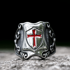 Medieval Style Red Cross Shield Ring with Knightly Design and Engraved