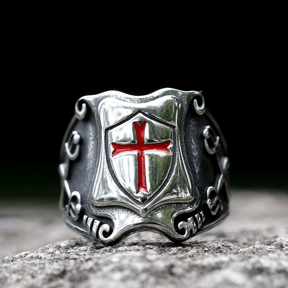 Medieval Style Red Cross Shield Ring with Knightly Design and Engraved
