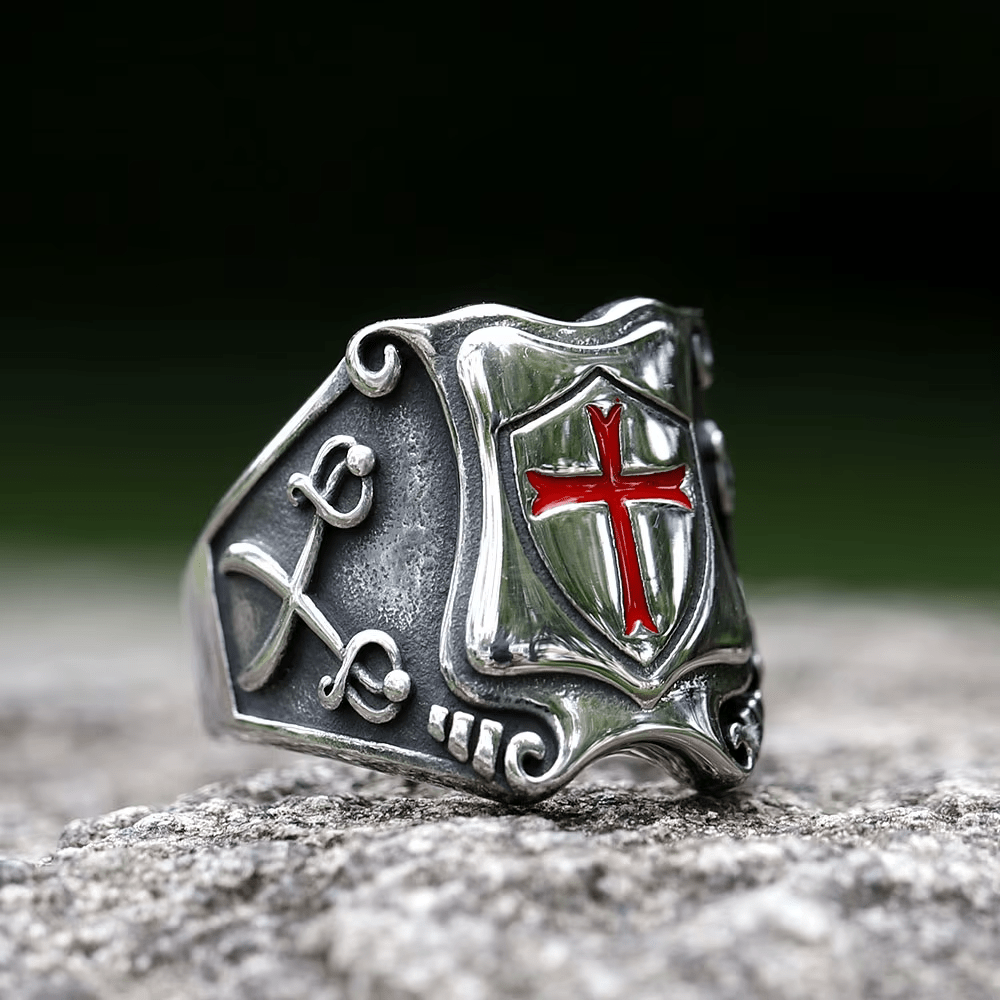 Medieval Style Red Cross Shield Ring with Knightly Design and Engraved