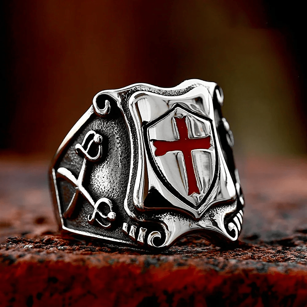 Medieval Style Red Cross Shield Ring with Knightly Design and Engraved