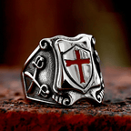 Medieval Style Red Cross Shield Ring with Knightly Design and Engraved