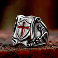 Medieval Style Red Cross Shield Ring with Knightly Design and Engraved
