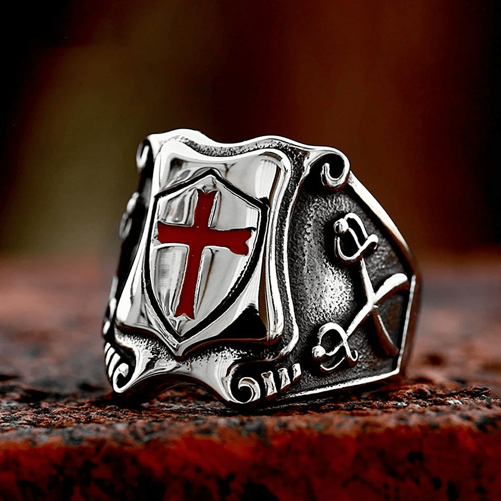 Medieval Style Red Cross Shield Ring with Knightly Design and Engraved