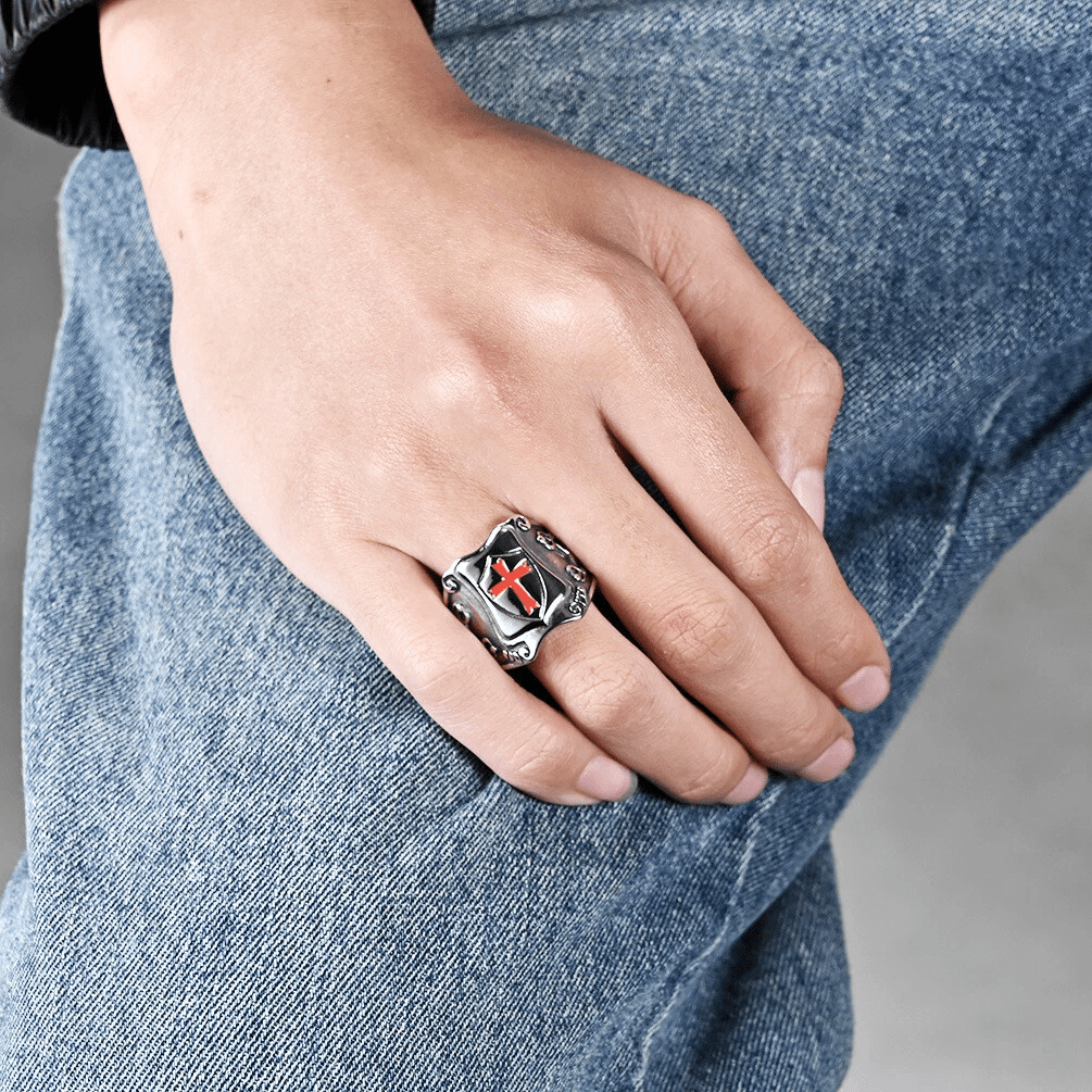 Medieval Style Red Cross Shield Ring with Knightly Design and Engraved