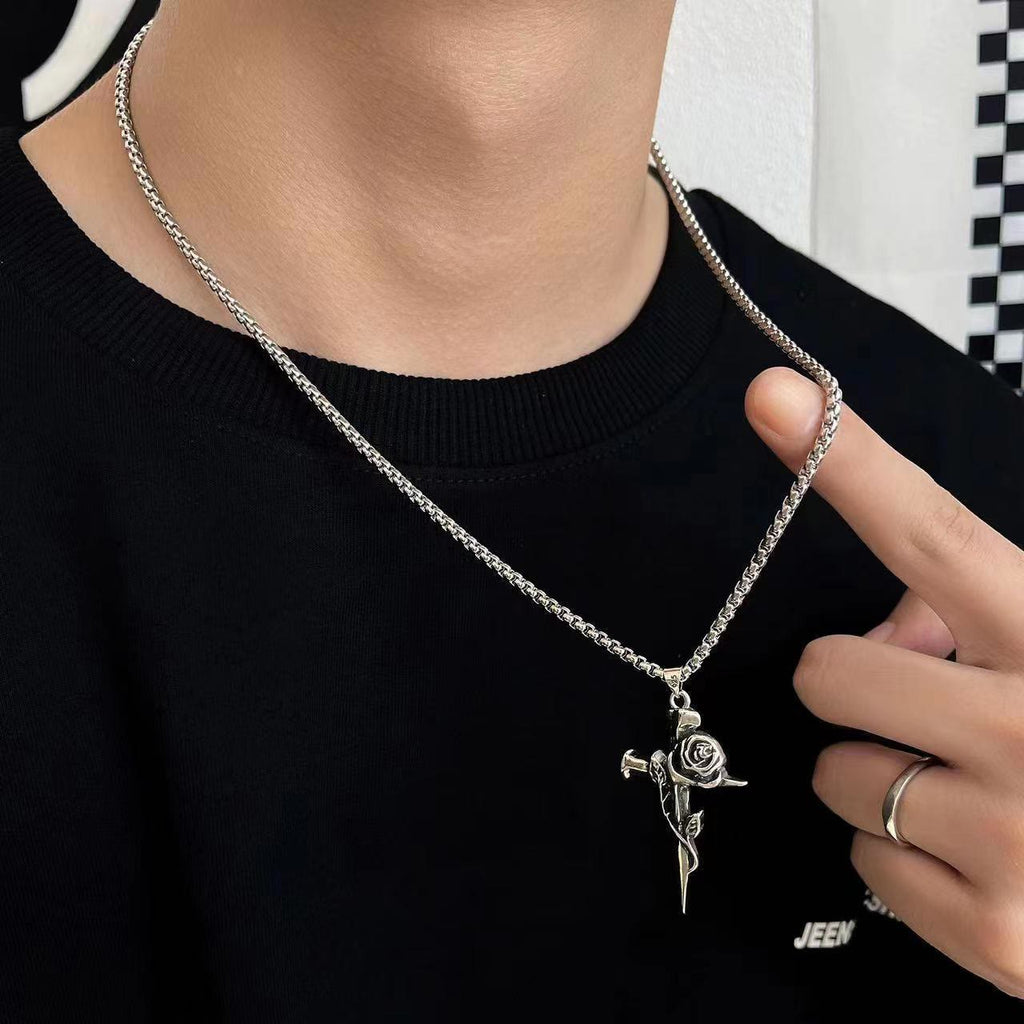 Rose Wrapped Cross Faith Necklace with Gothic Floral Design