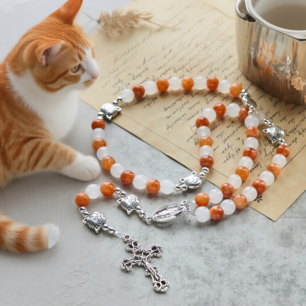 Orange & White Quartz with Cat Face Stainless Steel Charms of Orange