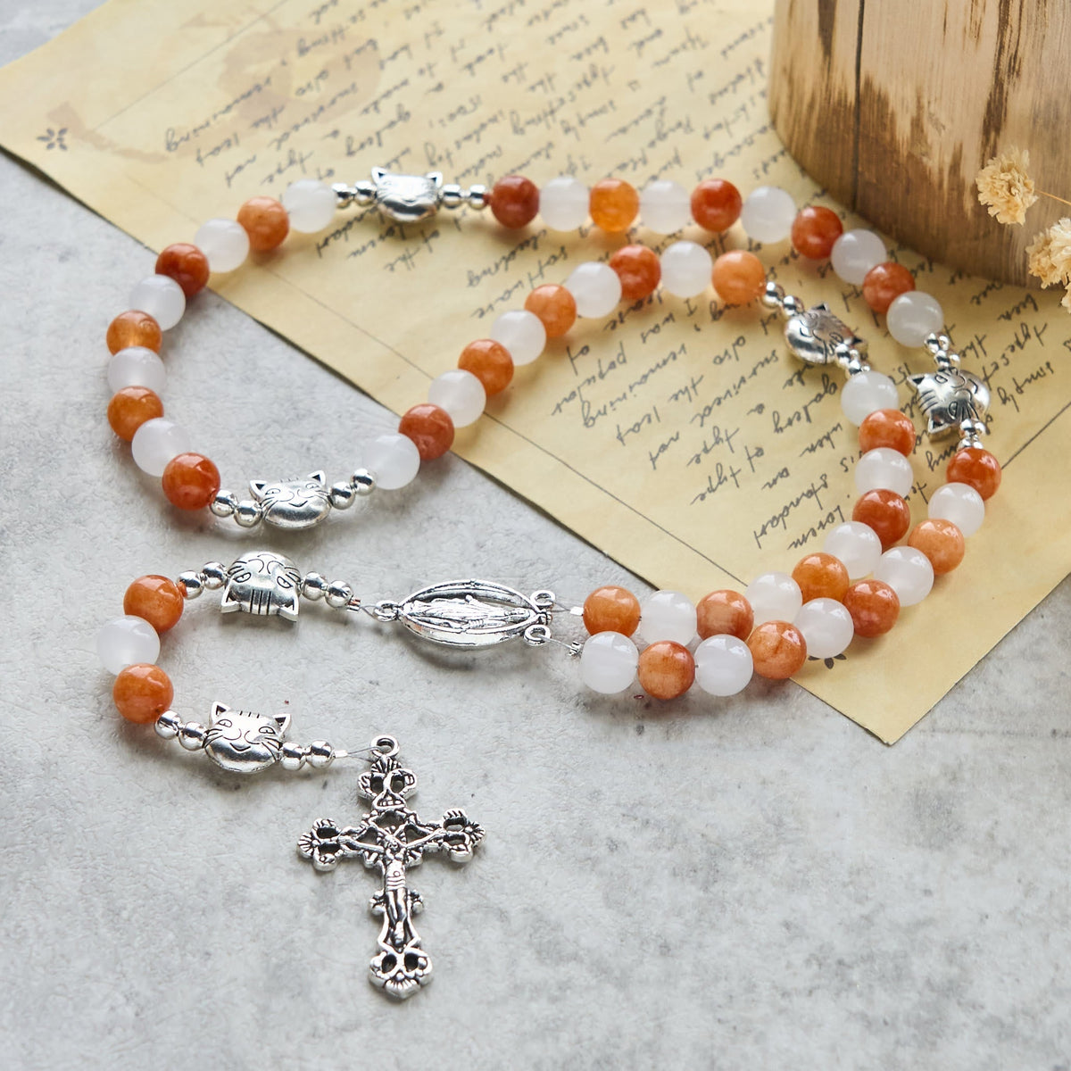 Orange & White Quartz with Cat Face Stainless Steel Charms of Orange
