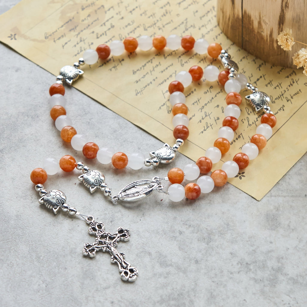 Orange & White Quartz with Cat Face Stainless Steel Charms of Orange