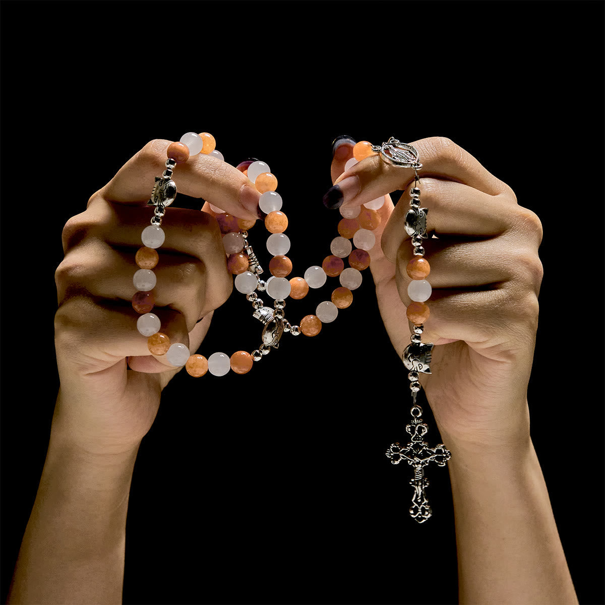 Orange & White Quartz with Cat Face Stainless Steel Charms of Orange